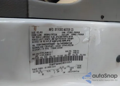 2005 Ford Focus Zxw z USA, uszkodzony, nr VIN 1FAFP36N45W253357